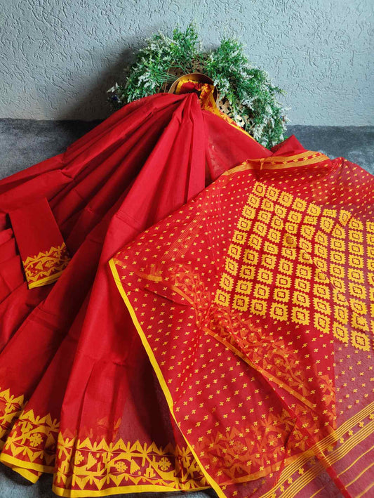 RED COTTON PURE HANDLOOM DHAKAI JAMDANI SAREE