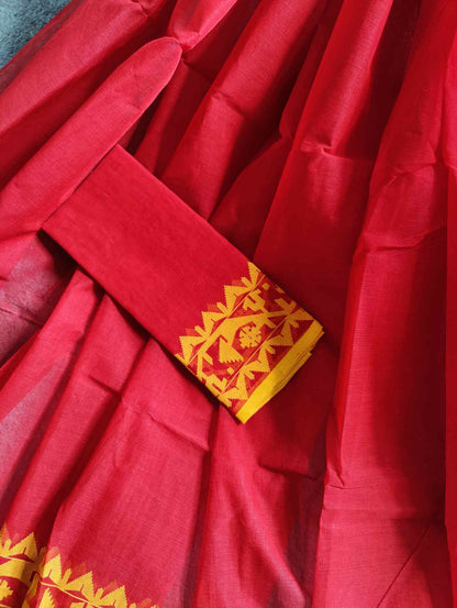 RED COTTON PURE HANDLOOM DHAKAI JAMDANI SAREE