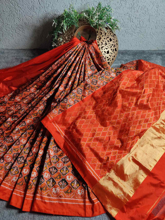 ORANGE SILK PURE HANDLOOM IKKAT SAREE