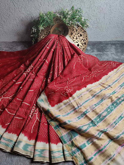 RED TUSSAR SILK PURE HANDLOOM BANDHEJ SAREE
