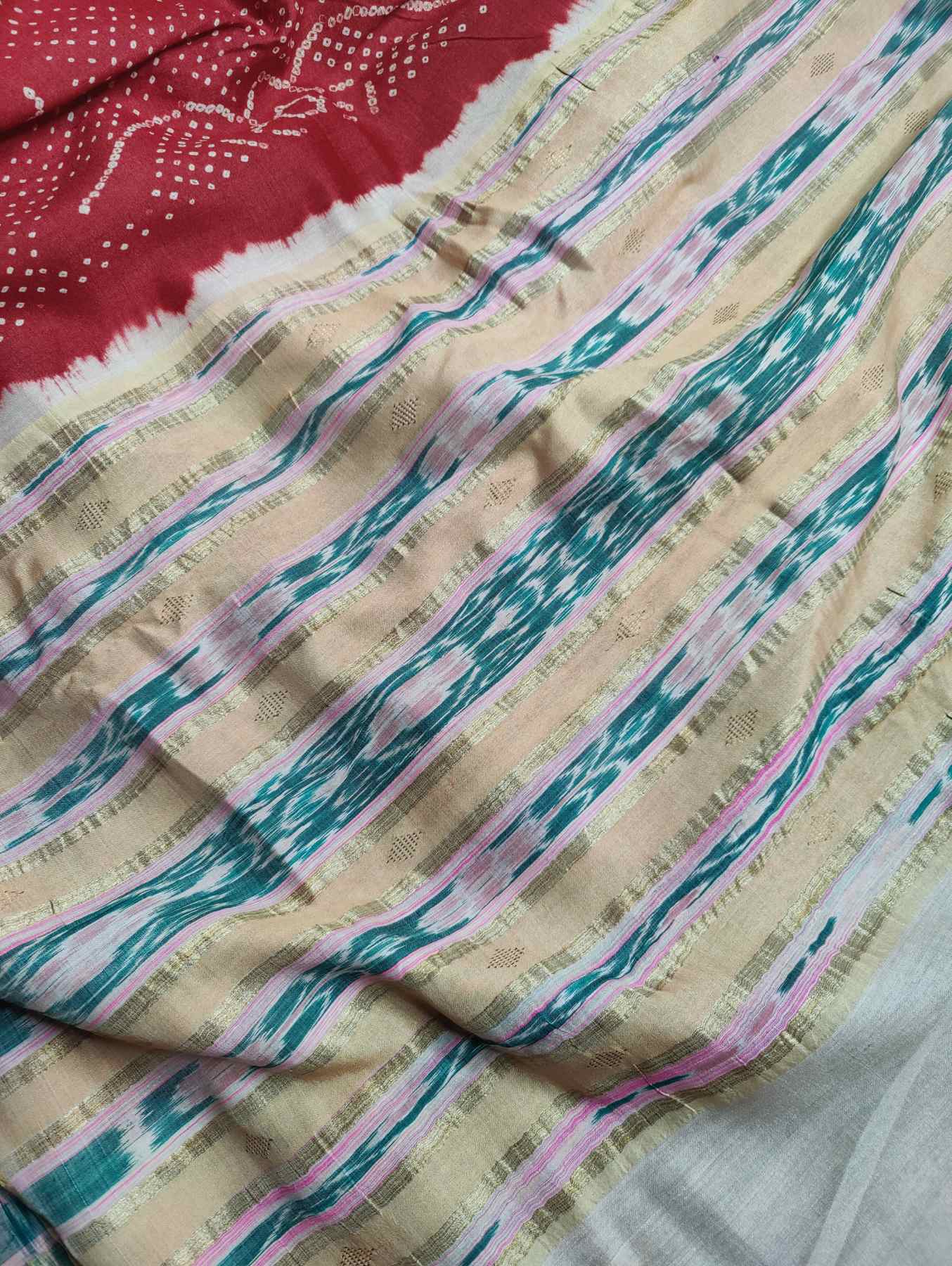 RED TUSSAR SILK PURE HANDLOOM BANDHEJ SAREE