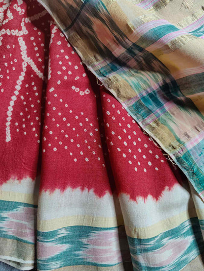 RED TUSSAR SILK PURE HANDLOOM BANDHEJ SAREE
