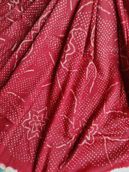 RED TUSSAR SILK PURE HANDLOOM BANDHEJ SAREE