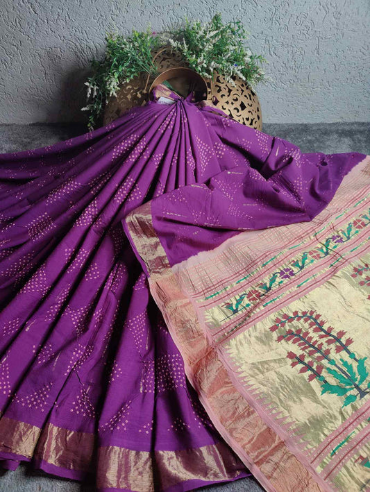 PURPLE COTTON PURE HANDLOOM BANDHEJ SAREE