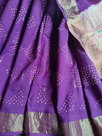 PURPLE COTTON PURE HANDLOOM BANDHEJ SAREE