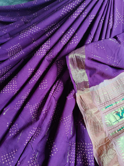 PURPLE COTTON PURE HANDLOOM BANDHEJ SAREE