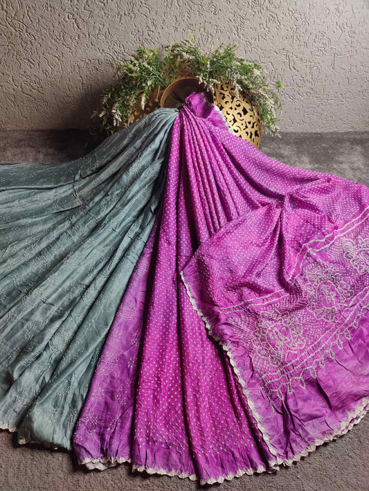 PINK GREY GAJJI SILK PURE HANDLOOM BANDHEJ SAREE