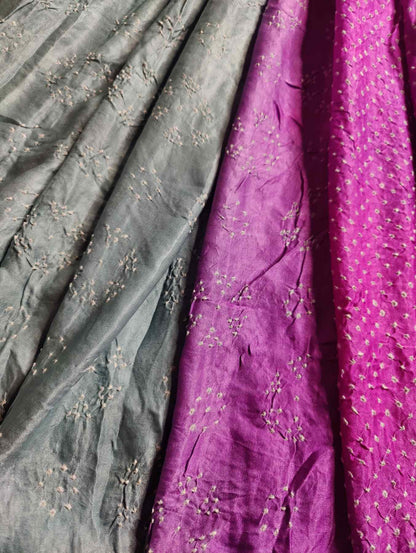PINK GREY GAJJI SILK PURE HANDLOOM BANDHEJ SAREE