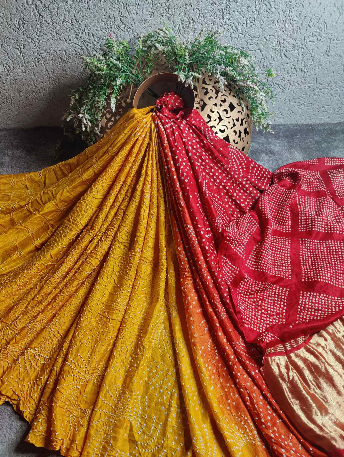 RED YELLOW GAJJI SILK PURE HANDLOOM BANDHEJ SAREE