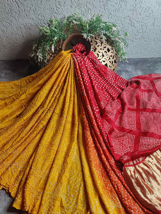 RED YELLOW GAJJI SILK PURE HANDLOOM BANDHEJ SAREE