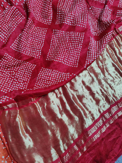 RED YELLOW GAJJI SILK PURE HANDLOOM BANDHEJ SAREE