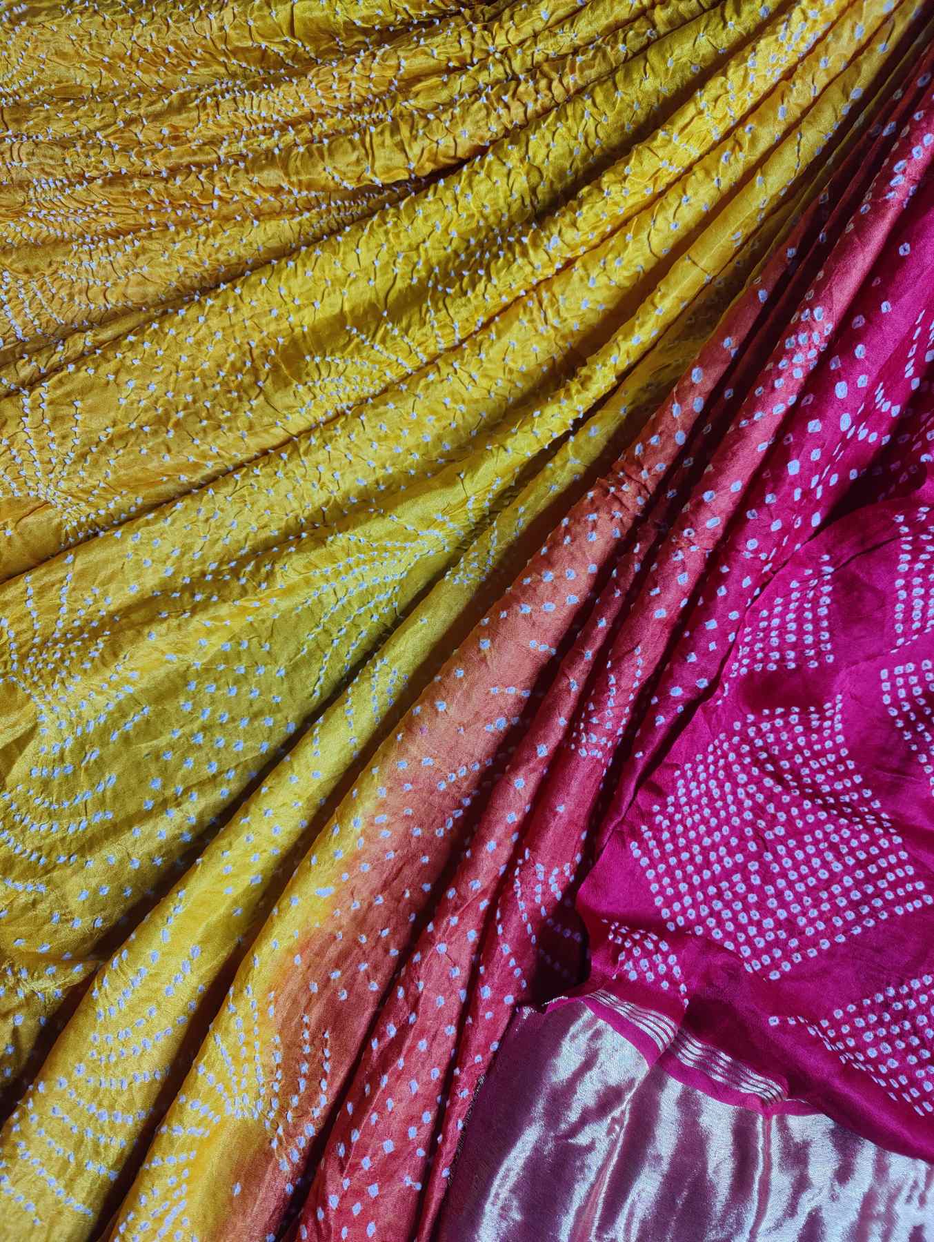 RED YELLOW GAJJI SILK PURE HANDLOOM BANDHEJ SAREE