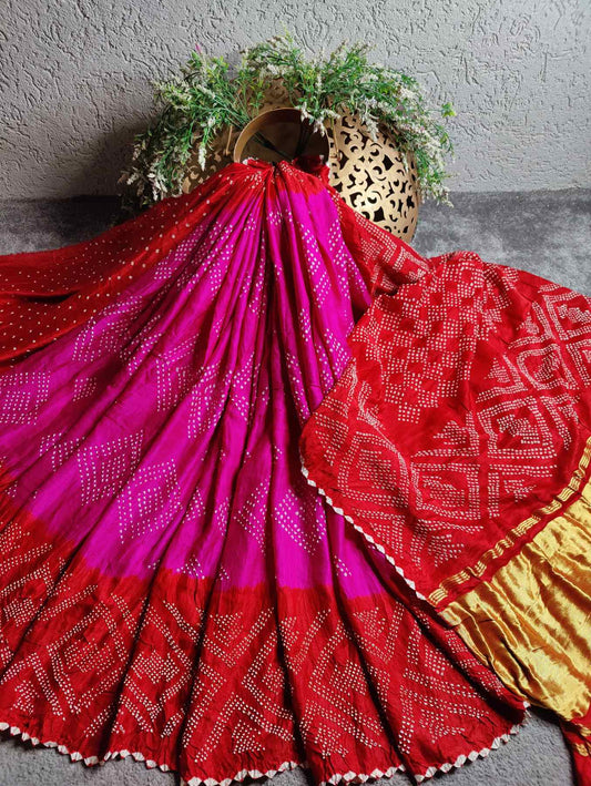 RED PINK GAJJI SILK PURE HANDLOOM BANDHEJ SAREE