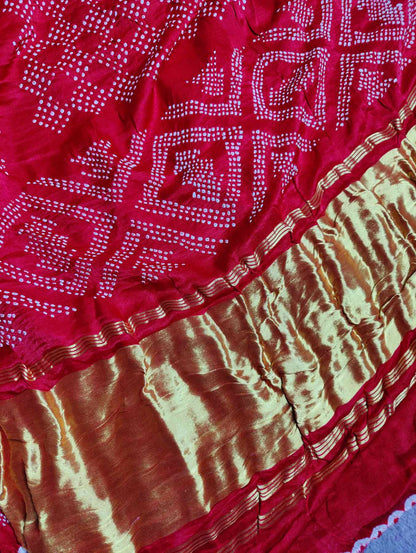 RED PINK GAJJI SILK PURE HANDLOOM BANDHEJ SAREE