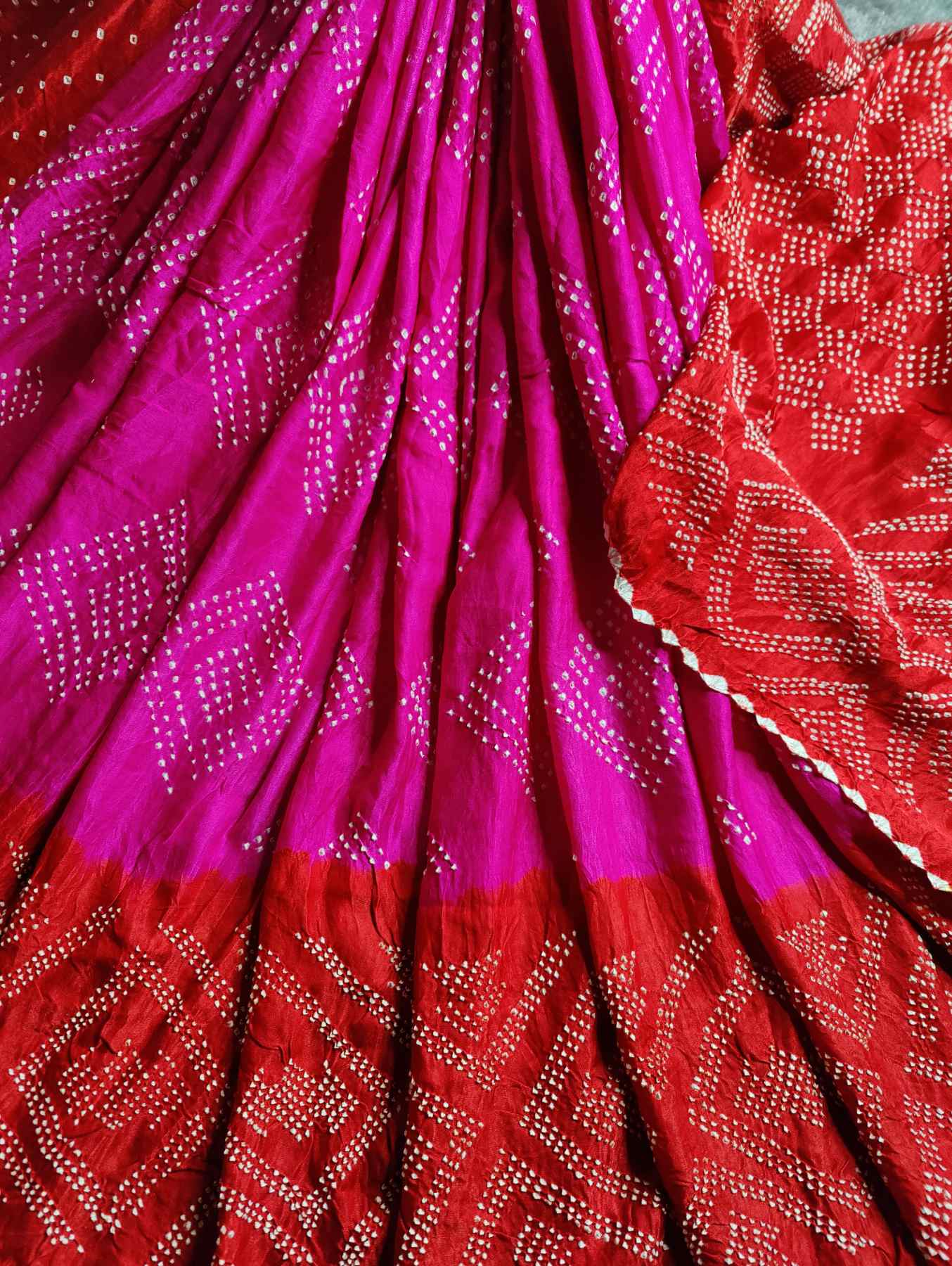 RED PINK GAJJI SILK PURE HANDLOOM BANDHEJ SAREE