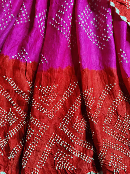 RED PINK GAJJI SILK PURE HANDLOOM BANDHEJ SAREE