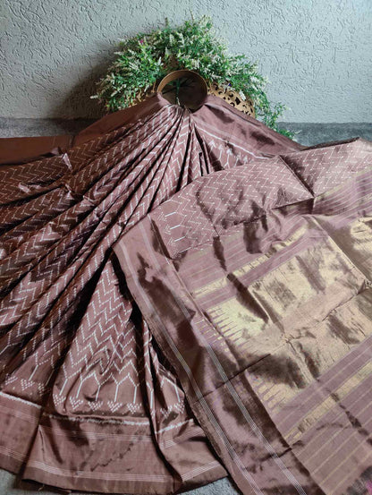 CAPPUCCINO BROWN SILK PURE HANDLOOM IKKAT SAREE