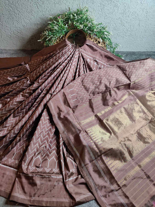 CAPPUCCINO BROWN SILK PURE HANDLOOM IKKAT SAREE