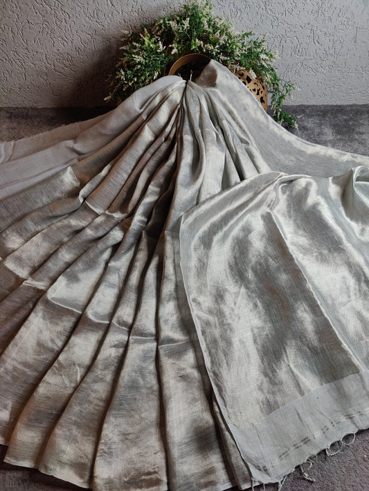 SILVER TWILL TISSUE PURE HANDLOOM METALLIC SAREE
