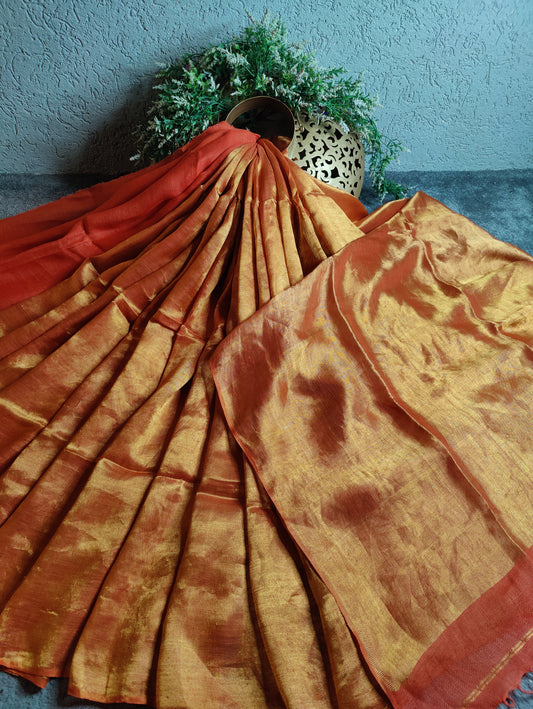 ORANGE  TWILL TISSUE PURE HANDLOOM METALLIC SAREE