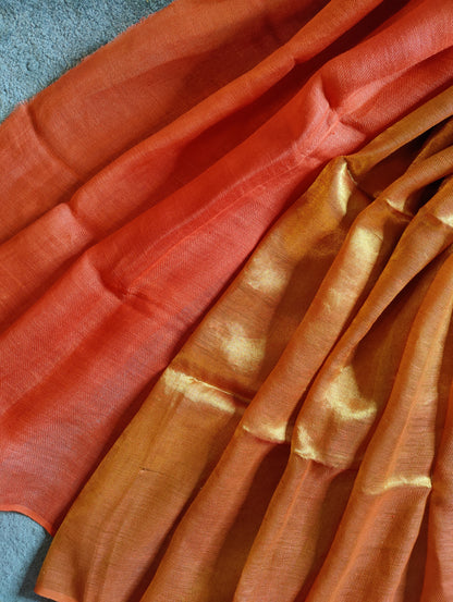 ORANGE  TWILL TISSUE PURE HANDLOOM METALLIC SAREE