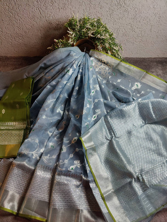SLATE BLUE PURE HANDLOOM REAL JARI KOTA DORIYA SAREE