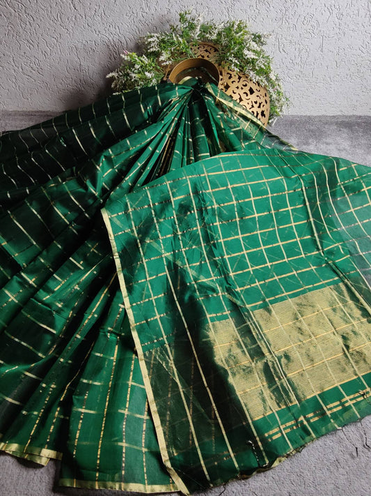 DARK GREEN SILK COTTON PURE HANDLOOM MAHESHWARI SAREE