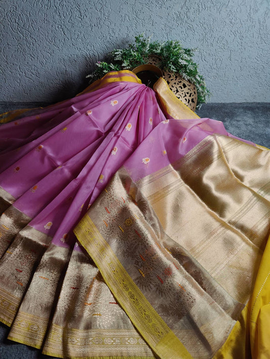 BUBBLE GUM PINK KORA PURE HANDLOOM BANARASI SAREE