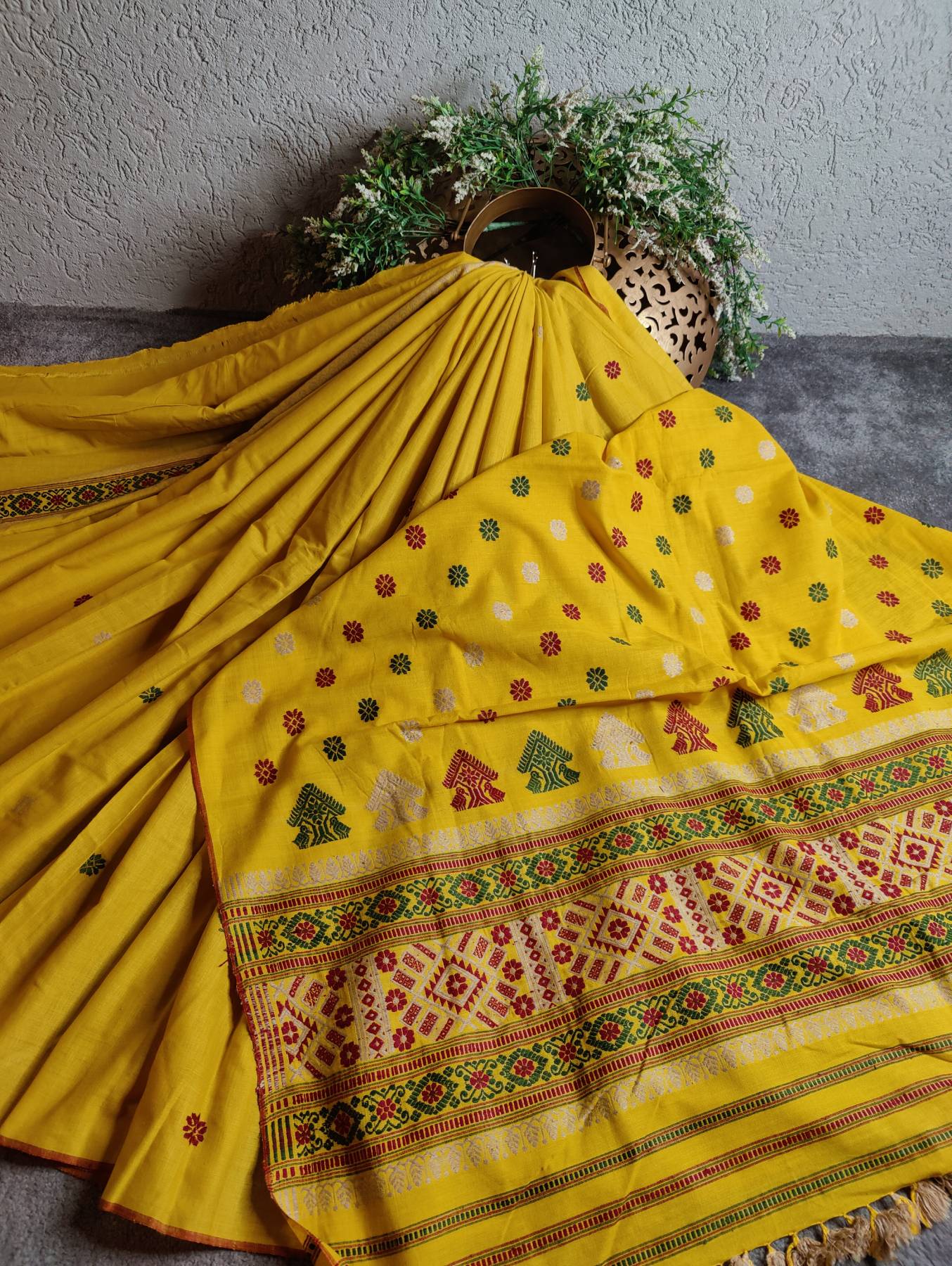 YELLOW COTTON ERI SILK PURE HANDLOOM ASSAMES SAREE