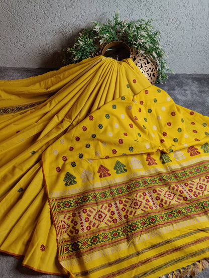 YELLOW COTTON ERI SILK PURE HANDLOOM ASSAMES SAREE