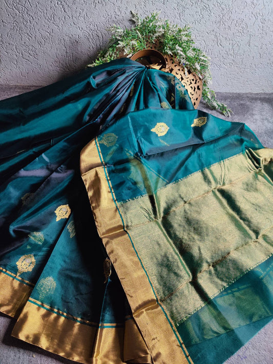 TEAL BLUE SILK PURE HANDLOOM CHANDERI SAREE