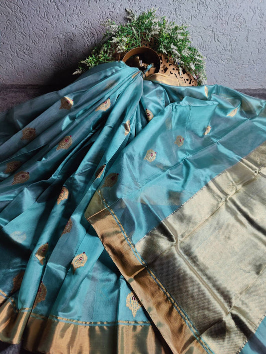 SKY BLUE SILK PURE HANDLOOM CHANDERI SAREE