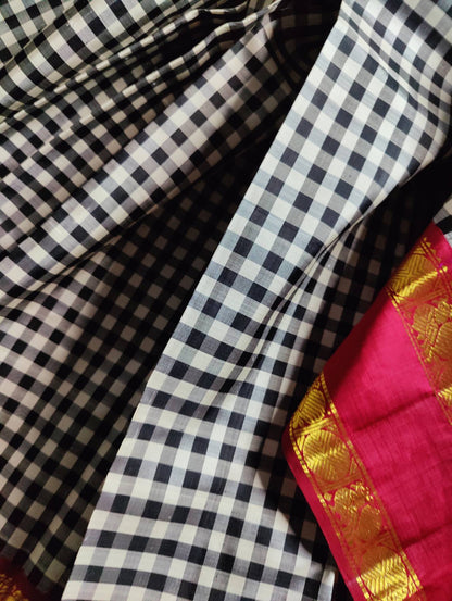 BLACK WHITE SILK PURE HANDLOOM KANJIVARAM SAREE