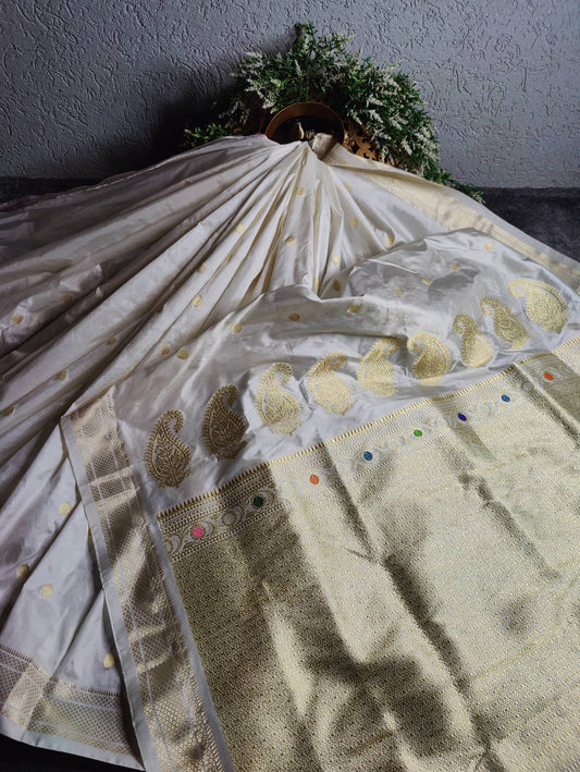 PEARL WHITE SILK PURE HANDLOOM PAITHANI SAREE