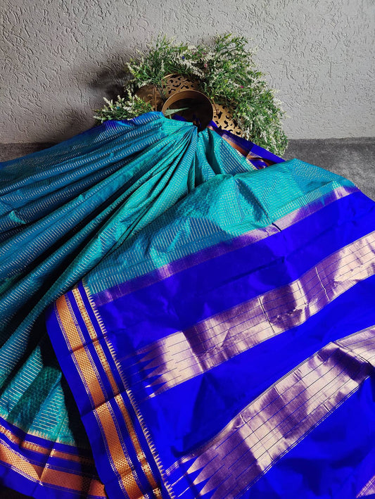 TEAL BLUE SILK PURE HANDLOOM IRKAL SAREE