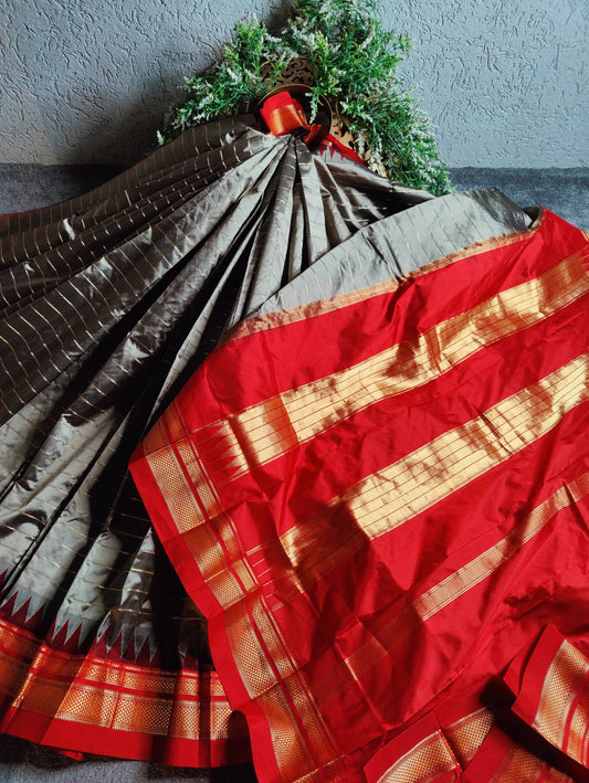 DARK GREY SILK PURE HANDLOOM IRKAL SAREE