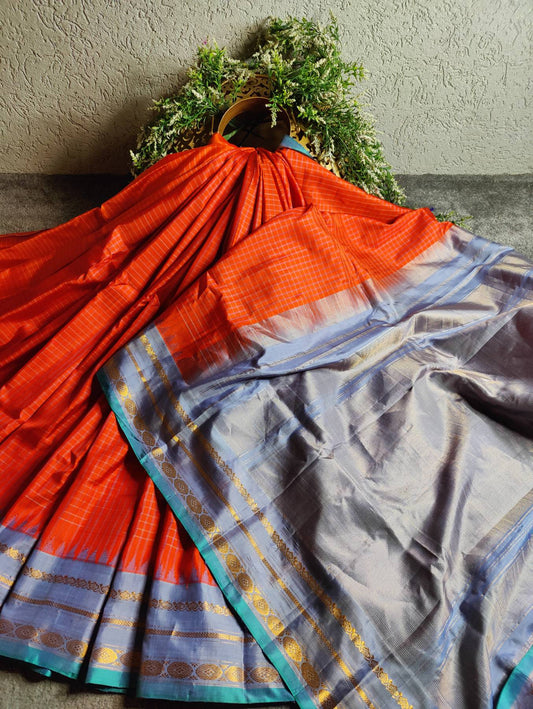 ORANGE SILK PURE HANDLOOM GADWAL SAREE