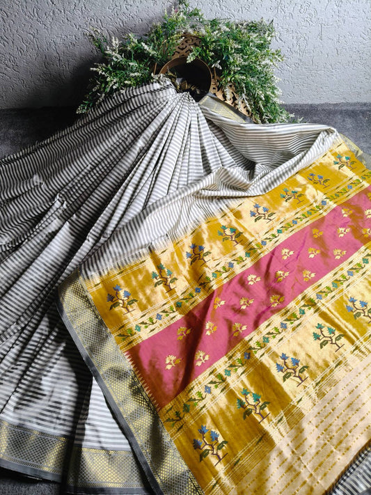 GREY WHITE SILK PURE HANDLOOM PAITHANI SAREE