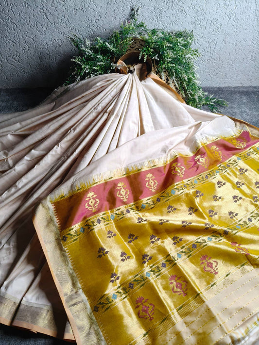 PEACH IVORY SILK PURE HANDLOOM PAITHANI SAREE