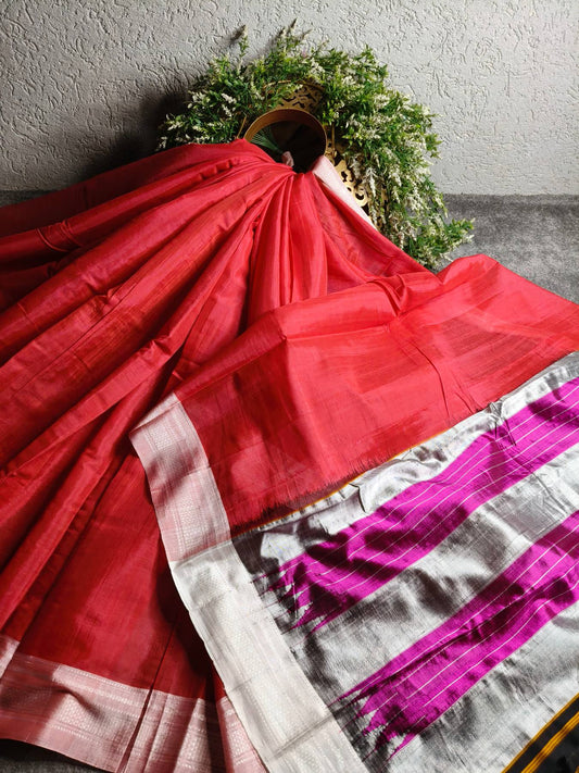 RED PINK SICO PURE HANDLOOM IRKAL SAREE
