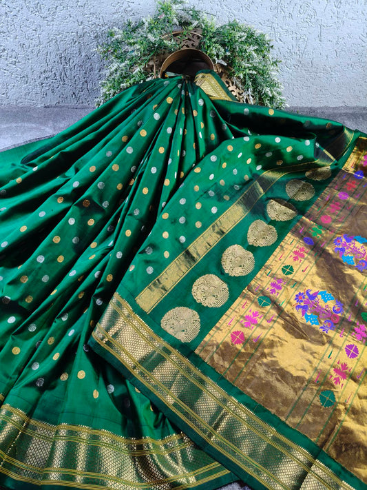 BOTTLE GREEN SILK PURE HANDLOOM PAITHANI SAREE