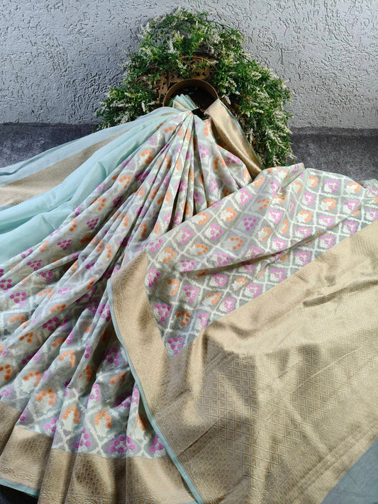 ICE BLUE COTTON PURE HANDLOOM BANARASI SAREE