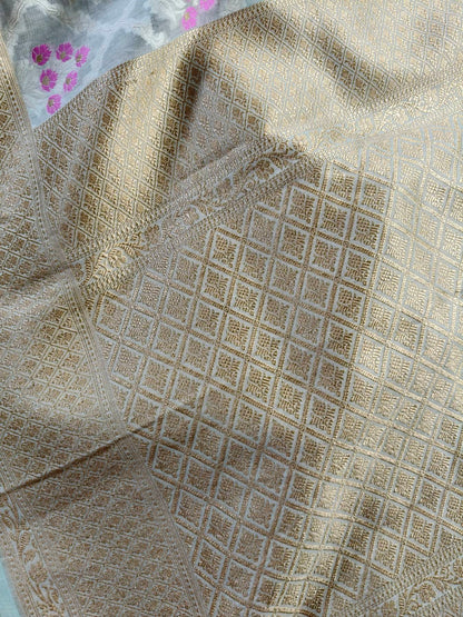 ICE BLUE COTTON PURE HANDLOOM BANARASI SAREE