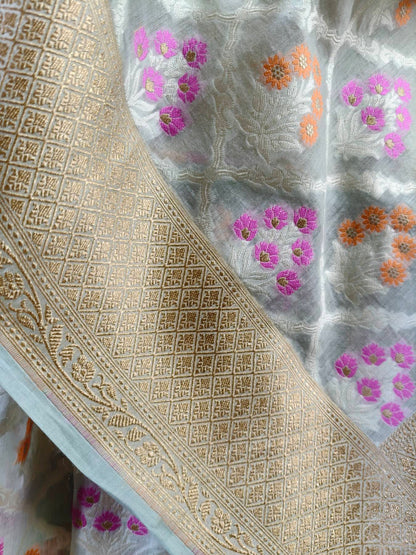ICE BLUE COTTON PURE HANDLOOM BANARASI SAREE