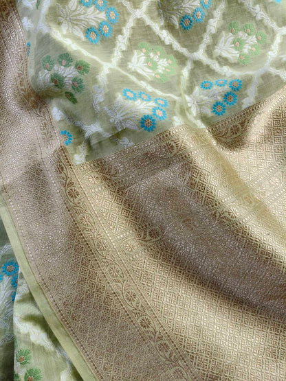 LIME GREEN COTTON PURE HANDLOOM BANARASI SAREE