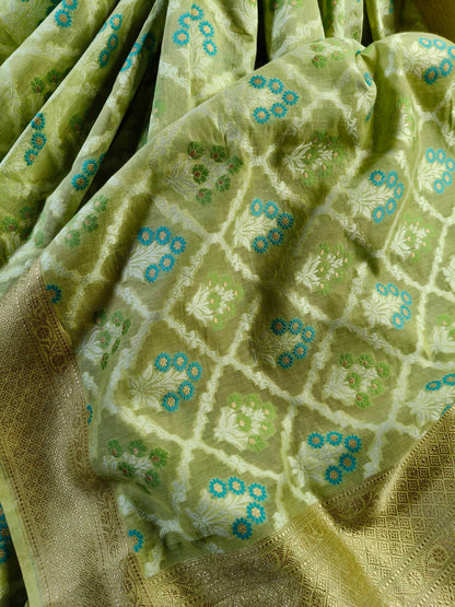 LIME GREEN COTTON PURE HANDLOOM BANARASI SAREE