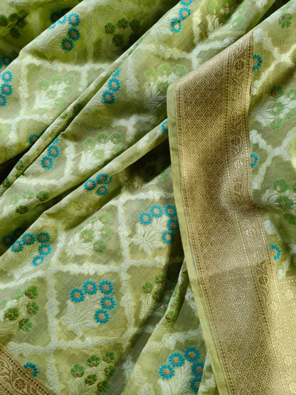 LIME GREEN COTTON PURE HANDLOOM BANARASI SAREE