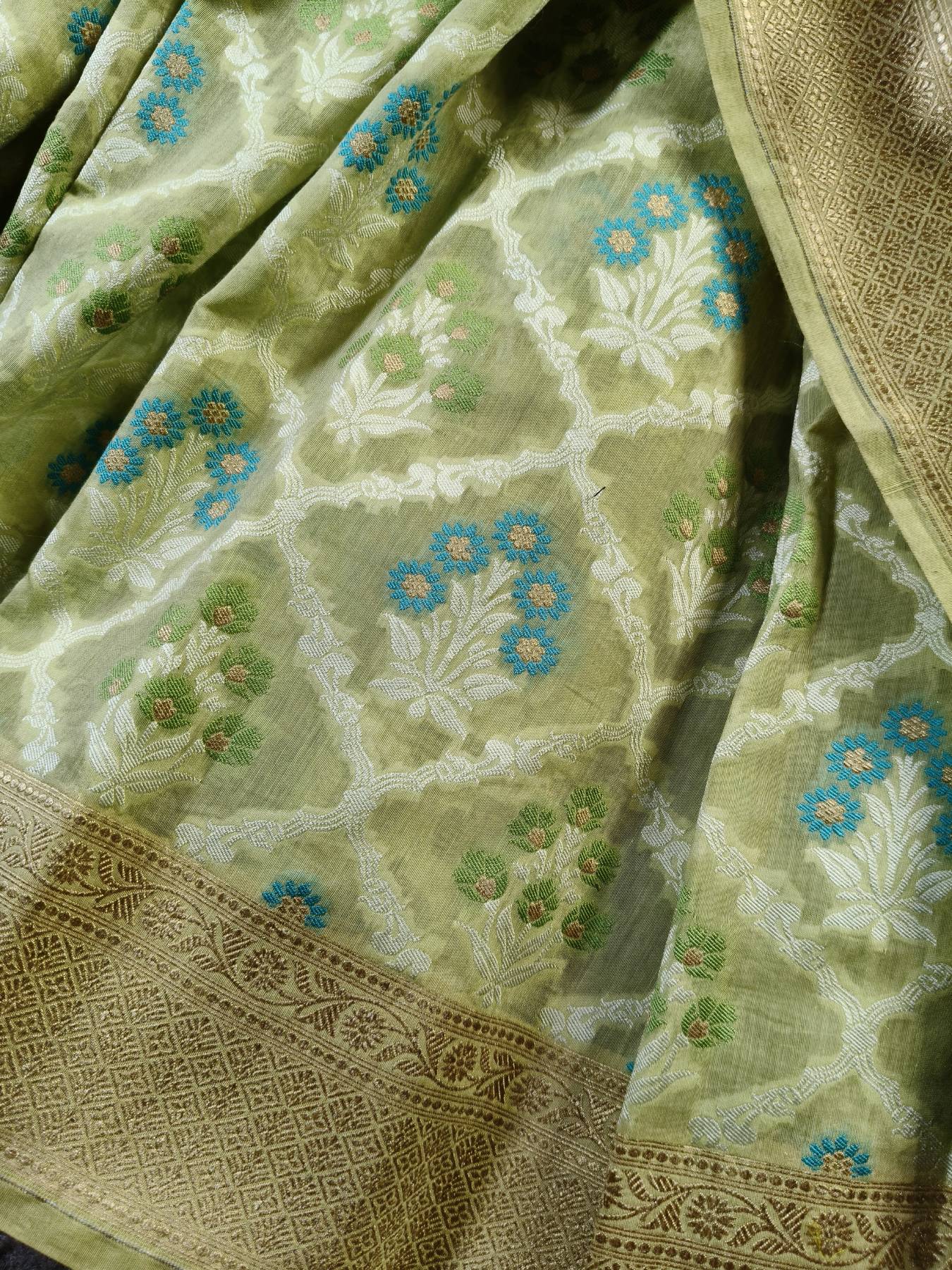 LIME GREEN COTTON PURE HANDLOOM BANARASI SAREE