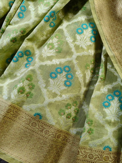 LIME GREEN COTTON PURE HANDLOOM BANARASI SAREE