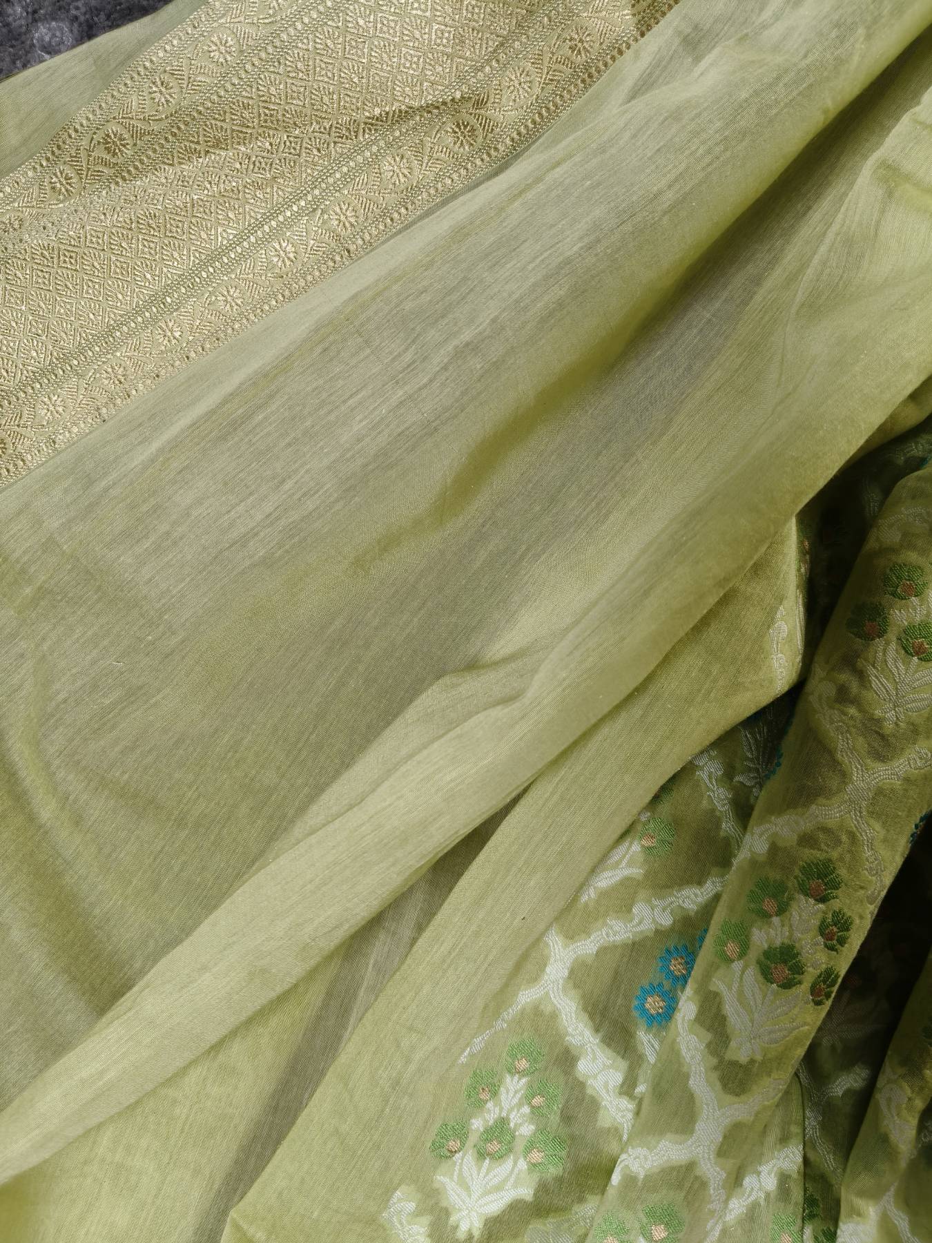 LIME GREEN COTTON PURE HANDLOOM BANARASI SAREE